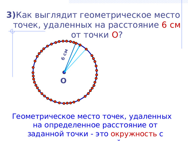 6 см 3) Как выглядит геометрическое место точек, удаленных на расстояние 6 см от точки О ? О Геометрическое место точек, удаленных на определенное расстояние от заданной точки - это окружность с центром в заданной точке. 