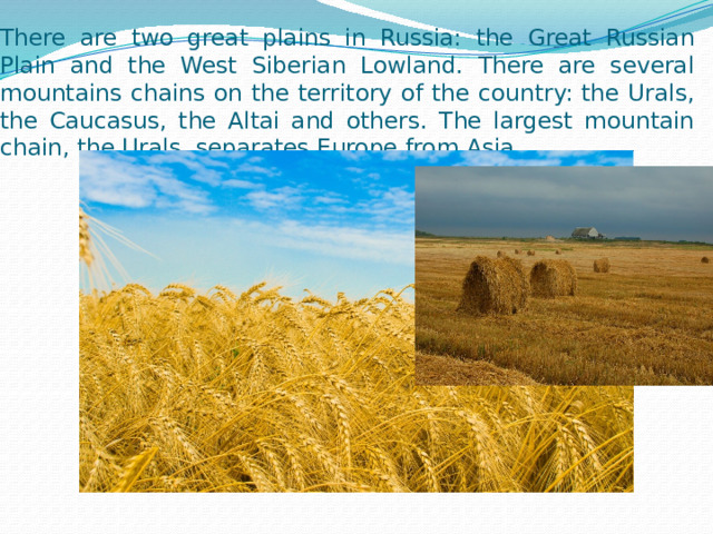 There are two great plains in Russia: the Great Russian Plain and the West Siberian Lowland. There are several mountains chains on the territory of the country: the Urals, the Caucasus, the Altai and others. The largest mountain chain, the Urals, separates Europe from Asia. 