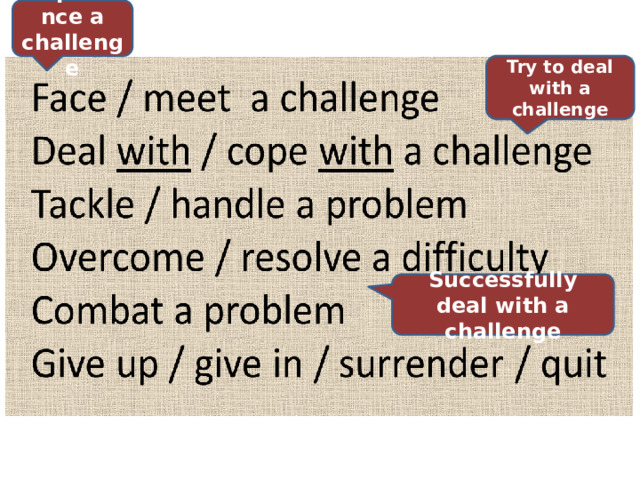 Experience a challenge Try to deal with a challenge Successfully deal with a challenge 
