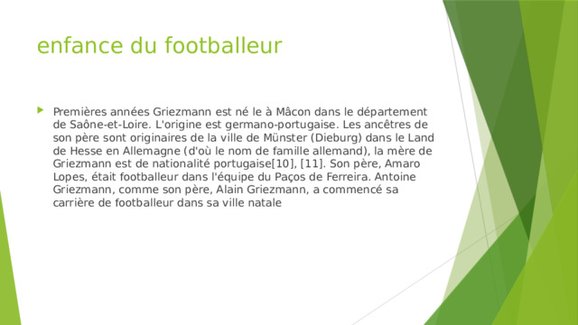 enfance du footballeur Premières années Griezmann est né le à Mâcon dans le département de Saône-et-Loire. L'origine est germano-portugaise. Les ancêtres de son père sont originaires de la ville de Münster (Dieburg) dans le Land de Hesse en Allemagne (d'où le nom de famille allemand), la mère de Griezmann est de nationalité portugaise[10], [11]. Son père, Amaro Lopes, était footballeur dans l'équipe du Paços de Ferreira. Antoine Griezmann, comme son père, Alain Griezmann, a commencé sa carrière de footballeur dans sa ville natale 
