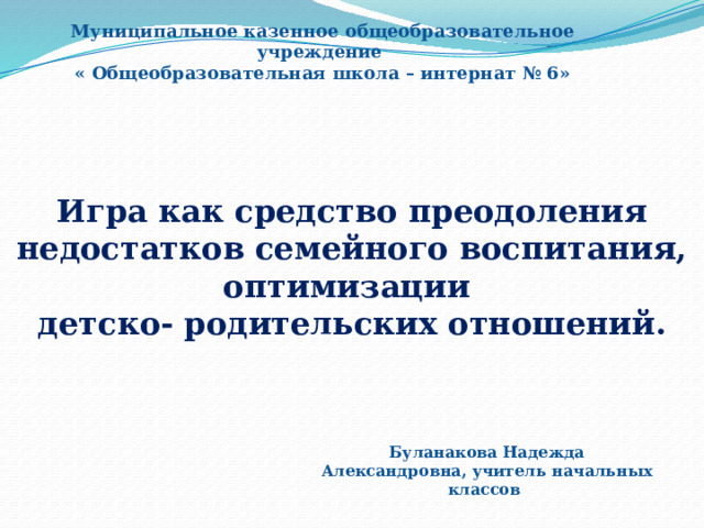 Муниципальное казенное общеобразовательное учреждение  « Общеобразовательная школа – интернат № 6» Игра как средство преодоления недостатков семейного воспитания, оптимизации детско- родительских отношений. Буланакова Надежда Александровна, учитель начальных классов 