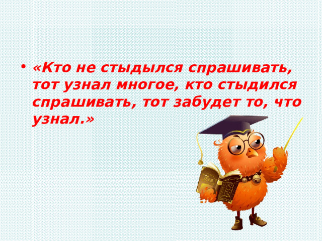 «Кто не стыдылся спрашивать, тот узнал многое, кто стыдился спрашивать, тот забудет то, что узнал.»  