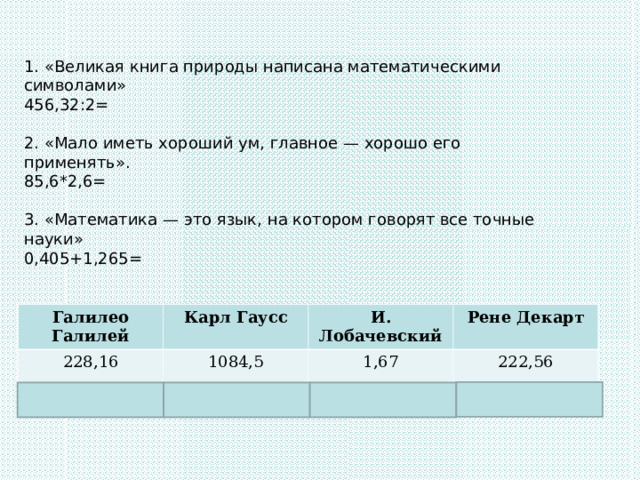 1. «Великая книга природы написана математическими символами» 456,32:2=   2. «Мало иметь хороший ум, главное — хорошо его применять». 85,6*2,6=   3. «Математика — это язык, на котором говорят все точные науки» 0,405+1,265=   4. 