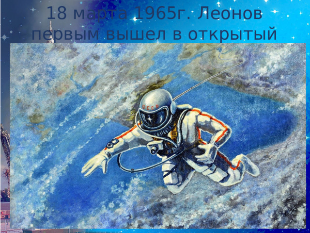 18 марта 1965г. Леонов первым вышел в открытый космос 
