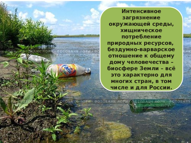 Интенсивное загрязнение окружающей среды, хищническое потребление природных ресурсов, бездумно-варварское отношение к общему дому человечества – биосфере Земли – всё это характерно для многих стран, в том числе и для России. 