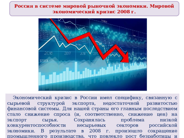 Россия в системе мировой рыночной экономики. Мировой экономический кризис 2008 г.  Экономический кризис в России имел специфику, связанную с сырьевой структурой экспорта, недостаточной развитостью финансовой системы. Для нашей страны его главным последствием стало снижение спроса (и, соответственно, снижение цен) на экспорт сырья. Сохранялась проблема низкой конкурентоспособности несырьевых секторов российской экономики. В результате в 2008 г. произошло сокращение промышленного производства, что повлекло рост безработицы и снижение реальных доходов населения. 