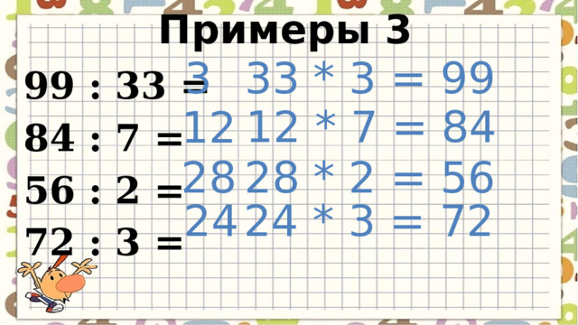 Примеры 3 3 33 * 3 = 99 99 : 33 = 84 : 7 = 56 : 2 = 72 : 3 = 12 * 7 = 84 12 28 28 * 2 = 56 24 24 * 3 = 72 