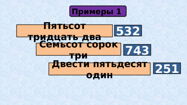 Примеры 1 Пятьсот тридцать два 532 Семьсот сорок три 743 Двести пятьдесят один 251 