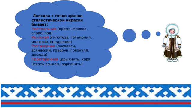   Лексика с точки зрения стилистической окраски бывает:  Нейтральная  (время, молоко, слово, год) Книжная  (гипотеза, гегемония, иллюзия, внедрение) Разговорная (восвояси, всяческий, говорун, грязнуля, досюда)   Просторечная (дрыхнуть, харя, чесать языком, варганить)   