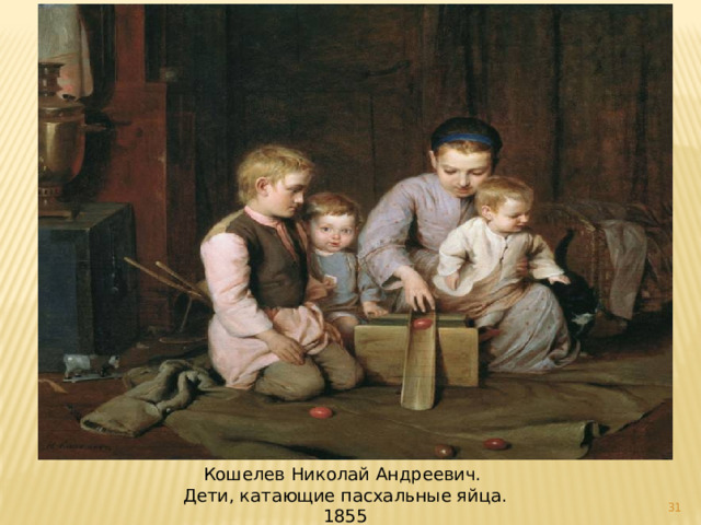 Кошелев Николай Андреевич. Дети, катающие пасхальные яйца. 1855  