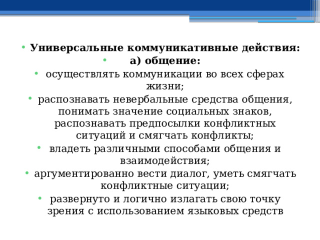 Универсальные коммуникативные действия: а) общение: осуществлять коммуникации во всех сферах жизни; распознавать невербальные средства общения, понимать значение социальных знаков, распознавать предпосылки конфликтных ситуаций и смягчать конфликты; владеть различными способами общения и взаимодействия; аргументированно вести диалог, уметь смягчать конфликтные ситуации; развернуто и логично излагать свою точку зрения с использованием языковых средств 