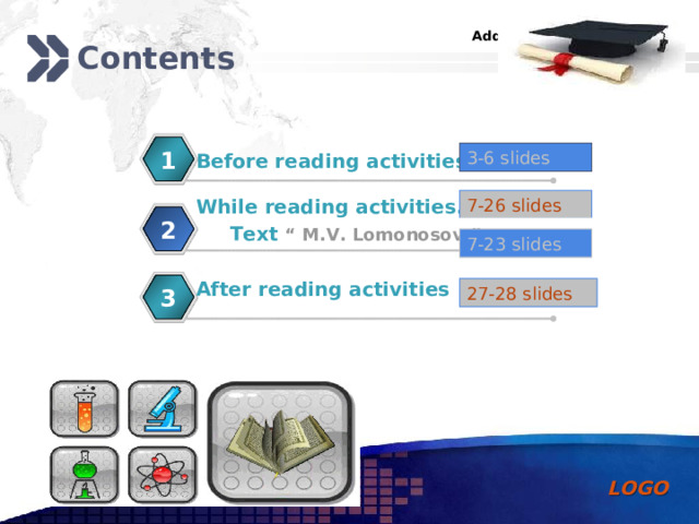 Contents 1 3-6 slides Before reading activities While reading activities. 7-26 slides 2 Text  “ M.V. Lomonosov ”   7-23 slides After reading activities 27-28 slides 3 
