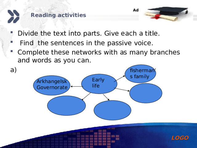 Reading activities   Divide the text into parts. Give each a title.  Find the sentences in the passive voice. Complete these networks with as many branches and words as you can. a) fisherman’s family  Early life Arkhangelsk Governorate 