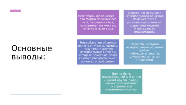 Невербальное общение — это форма общения без использования слов, основанная на жестах, мимике и позе тела. Овладение навыками невербального общения поможет легче устанавливать контакт с другими людьми и передавать информацию. Основные выводы:  Невербальное общение включает жесты, мимику, позу тела и другие невербальные сигналы, которые помогают более глубоко раскрыть смысл основного сообщения. Развитие навыков невербального общения требует наблюдательности, слушания, эмпатии и практики. Важно быть внимательным к мнению и идеям других людей, уважать их позицию и стремиться к взаимопониманию. 
