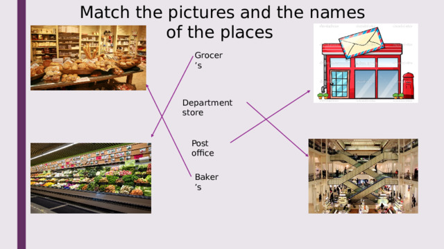Match the pictures and the names of the places Grocer’s Department store Post office Baker’s 
