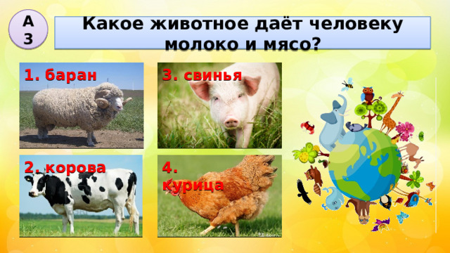 А3 Какое животное даёт человеку молоко и мясо? 1. баран 3. свинья 4. курица 2. корова 