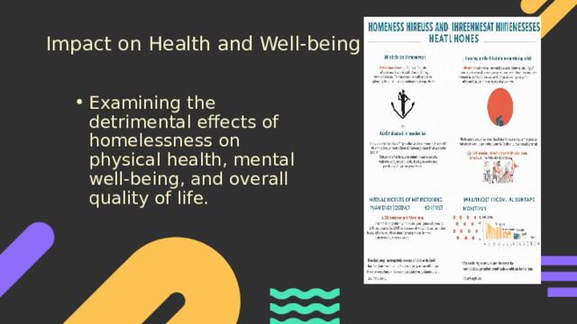 Impact on Health and Well-being Examining the detrimental effects of homelessness on physical health, mental well-being, and overall quality of life. 