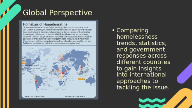 Global Perspective Comparing homelessness trends, statistics, and government responses across different countries to gain insights into international approaches to tackling the issue. 