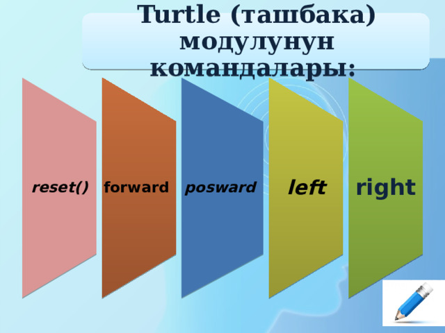 reset() forward posward left right Turtle (ташбака) модулунун командалары: 