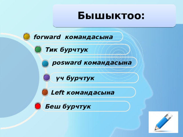Бышыктоо: forward командасына Тик бурчтук рosward командасына  үч бурчтук Left командасына Беш бурчтук 
