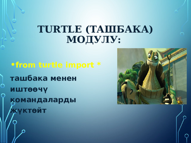 Turtle (ташбака) модулу: from turtle import * ташбака менен иштөөчү командаларды жүктөйт 