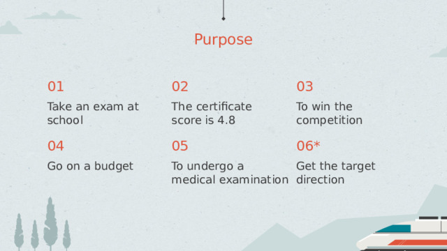 Purpose 01 02 03 Take an exam at school The certificate score is 4.8 To win the competition 04 05 06* Go on a budget To undergo a medical examination Get the target direction 