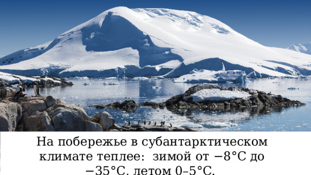 На побережье в субантарктическом климате теплее: зимой от −8°С до −35°С, летом 0–5°С. 