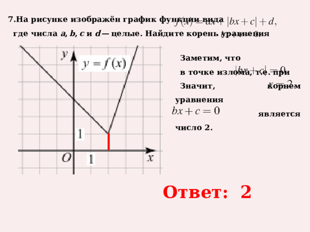 7.На рисунке изображён график функции вида      где числа  a ,  b ,  c  и  d  — целые. Найдите корень уравнения     Заметим, что     в точке излома, т.е. при     Значит, корнем уравнения     является число 2.  Ответ: 2 