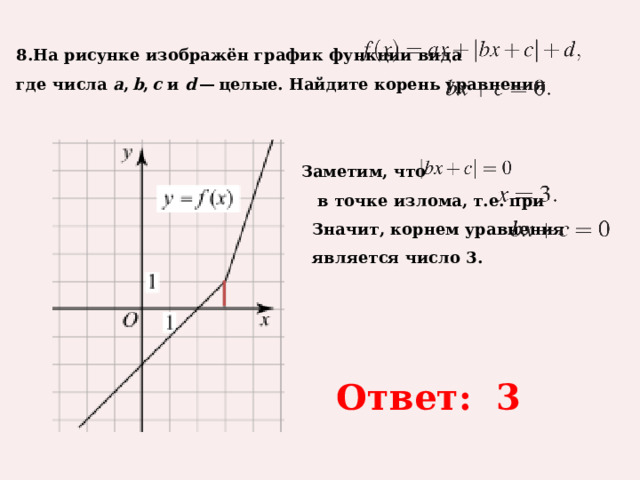 8.На рисунке изображён график функции вида     где числа  a ,  b ,  c  и  d  — целые. Найдите корень уравнения   Заметим, что     в точке излома, т.е. при      Значит, корнем уравнения      является число 3.  Ответ: 3 