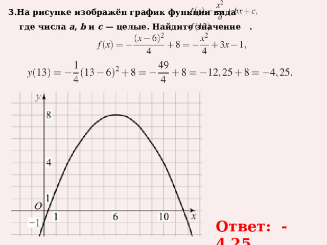 3.На рисунке изображён график функции вида      где числа  a ,  b  и  c  — целые. Найдите значение   .  Ответ: -4.25 