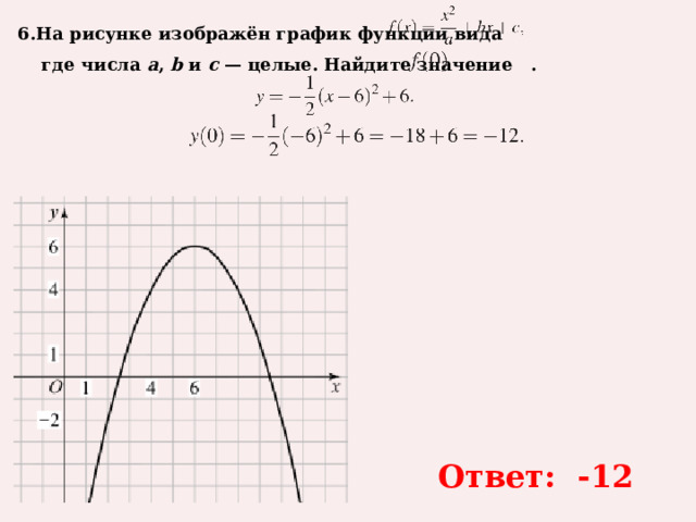 6.На рисунке изображён график функции вида     где числа  a ,  b  и  c  — целые. Найдите значение  . Ответ: -12 