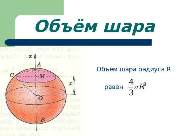 Объём шара Объём шара радиуса R  равен 