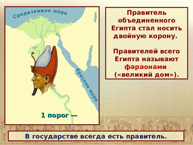 Правитель объединенного Египта стал носить двойную корону.  Правителей всего Египта называют фараонами  («великий дом»). 1 порог —  В государстве всегда есть правитель. 