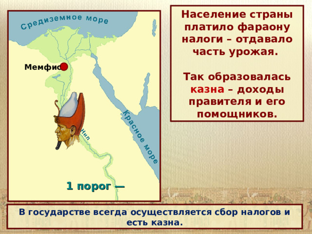 Население страны платило фараону налоги – отдавало часть урожая.  Так образовалась казна – доходы правителя и его помощников. Мемфис 1 порог —  В государстве всегда осуществляется сбор налогов и есть казна. 
