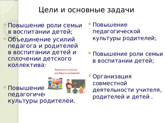 Цели и основные задачи   Повышение педагогической культуры родителей;  Повышение роли семьи в воспитании детей;  Организация совместной деятельности учителя, родителей и детей .  Повышение роли семьи в воспитании детей; Объединение усилий педагога и родителей в воспитании детей и сплочении детского коллектива;   Повышение педагогической культуры родителей. 