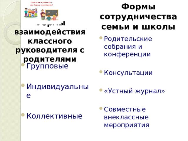 Формы сотрудничества семьи и школы    Формы взаимодействия классного руководителя с родителями Родительские собрания и конференции  Консультации  «Устный журнал»  Совместные внеклассные мероприятия   Групповые Индивидуальные Коллективные  