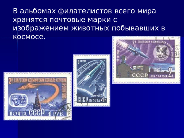 В альбомах филателистов всего мира хранятся почтовые марки с изображением животных побывавших в космосе. 