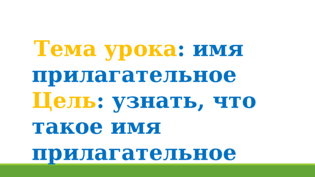  Тема урока : имя прилагательное Цель : узнать, что такое имя прилагательное 