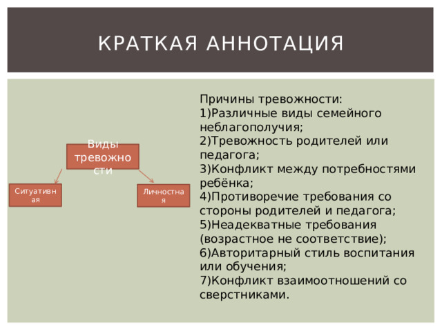 Краткая аннотация Причины тревожности: 1)Различные виды семейного неблагополучия; 2)Тревожность родителей или педагога; 3)Конфликт между потребностями ребёнка; 4)Противоречие требования со стороны родителей и педагога; 5)Неадекватные требования (возрастное не соответствие); 6)Авторитарный стиль воспитания или обучения; 7)Конфликт взаимоотношений со сверстниками. Виды тревожности Ситуативная Личностная 