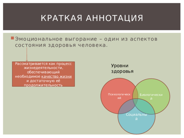 Краткая аннотация Эмоциональное выгорание – один из аспектов состояния здоровья человека. Рассматривается как процесс жизнедеятельности, обеспечивающий необходимое качество жизни и достаточную её продолжительность Уровни здоровья Психологический Биологический Социальный 