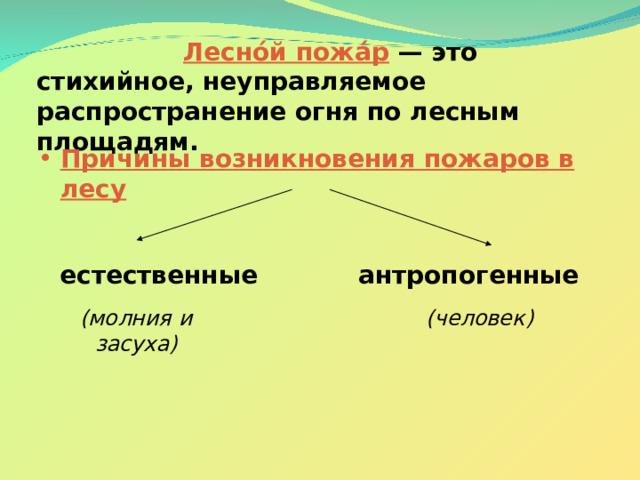  Лесно́й пожа́р   — это стихийное, неуправляемое распространение огня по лесным площадям. Причины возникновения пожаров в лесу естественные антропогенные (молния и засуха)  (человек)  