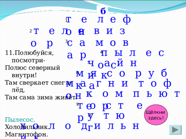 2 1  б 3 11 5 6  4 7 9 8 10 т е л е ф о н  т е л е в и з о р с а м о в а р  п ы л е с о с 11.Полюбуйся, посмотри- Полюс северный внутри! Там сверкает снег и лёд, Там сама зима живёт. Пылесос. Холодильник. Магнитофон. Утюг. ч а й н и к м я с о р у б к а м а г н и т о ф о н к о м п ь ю т е р т о с т е р Щёлкни здесь! у т ю г х о л о д и л ь н и к 