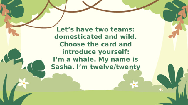 Let’s have two teams:  domesticated and wild. Choose the card and introduce yourself:  I’m a whale. My name is Sasha. I’m twelve/twenty 