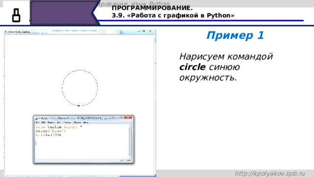 ПРОГРАММИРОВАНИЕ. 3.9. «Работа с графикой в Python» Пример 1 Нарисуем командой circle синюю окружность. Нарисуем командой circle синюю окружность. 40 