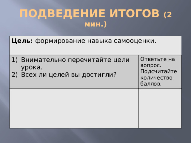 ПОДВЕДЕНИЕ ИТОГОВ (2 мин.) Цель: формирование навыка самооценки. Внимательно перечитайте цели урока. Всех ли целей вы достигли? Ответьте на вопрос. Подсчитайте количество баллов. 