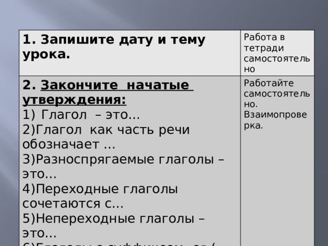 1. Запишите дату и тему урока. Работа в тетради самостоятельно 2. Закончите начатые утверждения: Глагол – это… Работайте самостоятельно. Взаимопроверка. 2)Глагол как часть речи обозначает … 3)Разноспрягаемые глаголы – это… 4)Переходные глаголы сочетаются с… 5)Непереходные глаголы – это… 6)Глаголы с суффиксом -ся (-сь) являются… 