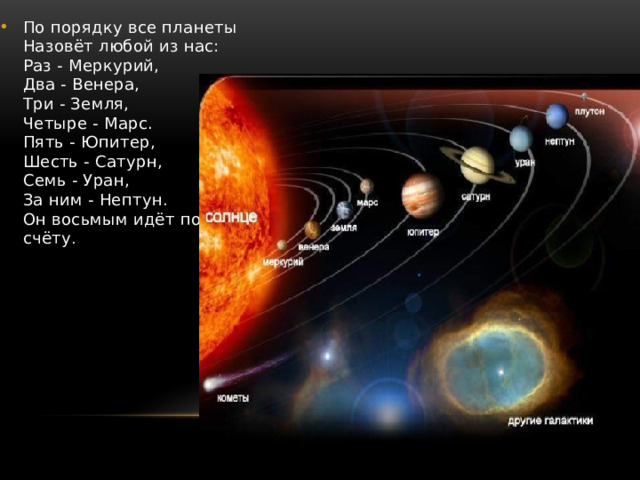 По порядку все планеты  Назовёт любой из нас:  Раз - Меркурий,  Два - Венера,  Три - Земля,  Четыре - Марс.  Пять - Юпитер,  Шесть - Сатурн,  Семь - Уран,  За ним - Нептун.  Он восьмым идёт по счёту . 