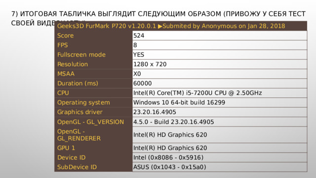 7) Итоговая табличка выглядит следующим образом (привожу у себя тест своей видеокарты). Geeks3D FurMark P720 v1.20.0.1 ▶Submited by Anonymous on Jan 28, 2018 Score 524 FPS 8 Fullscreen mode YES Resolution 1280 x 720 MSAA X0 Duration (ms) 60000 CPU Intel(R) Core(TM) i5-7200U CPU @ 2.50GHz Operating system Windows 10 64-bit build 16299 Graphics driver 23.20.16.4905 OpenGL - GL_VERSION 4.5.0 - Build 23.20.16.4905 OpenGL - GL_RENDERER Intel(R) HD Graphics 620 GPU 1 Intel(R) HD Graphics 620 Device ID Intel (0x8086 - 0x5916) SubDevice ID ASUS (0x1043 - 0x15a0) 