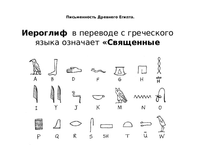 Письменность Древнего Египта.   Иероглиф в переводе с греческого языка означает «Священные письмена» 