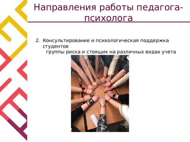 Направления работы педагога-психолога Консультирование и психологическая поддержка студентов  группы риска и стоящих на различных видах учета 
